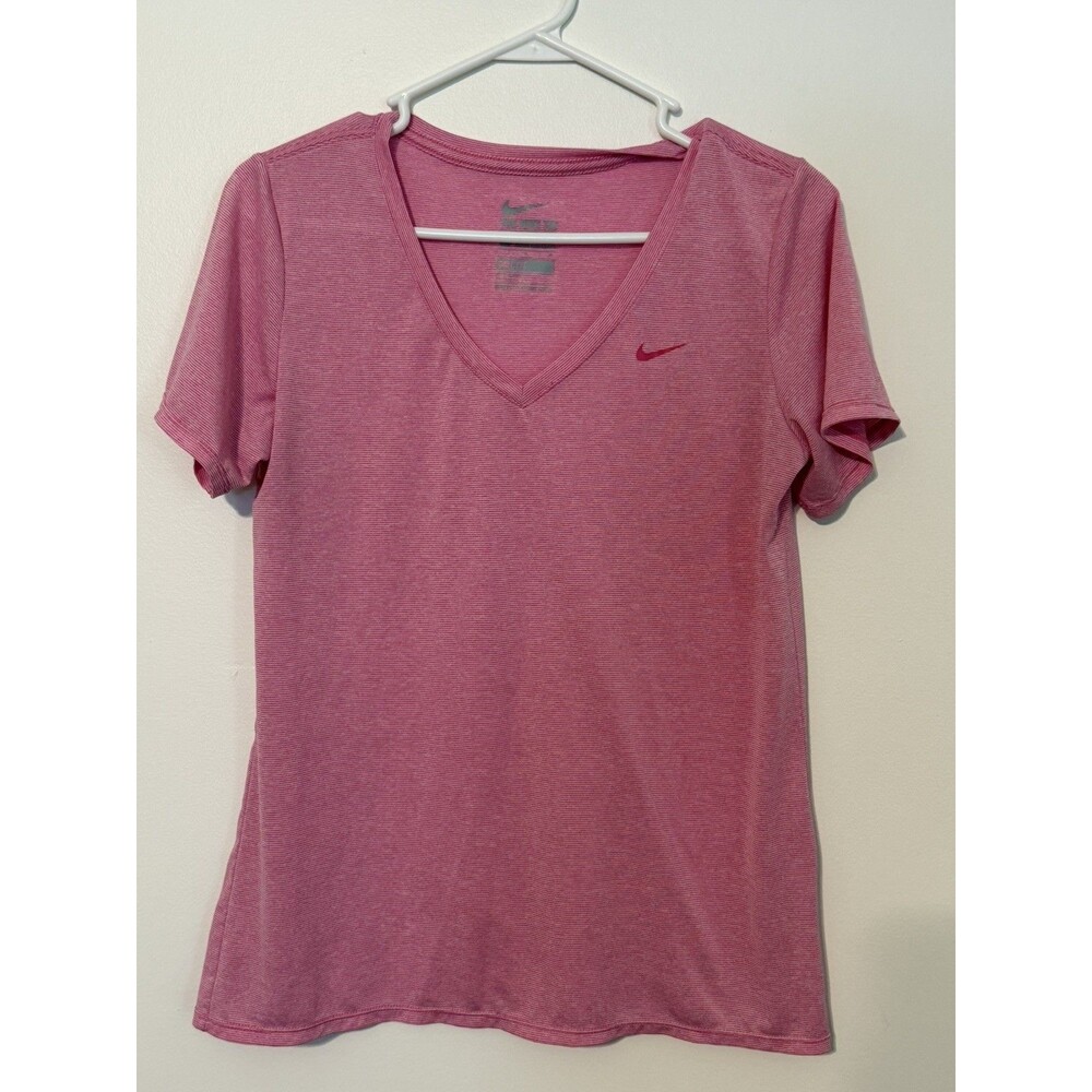 NIKE Women’s T-Shirt Pink White Striped Athletic Cut Dri Fit V-Neck Size L